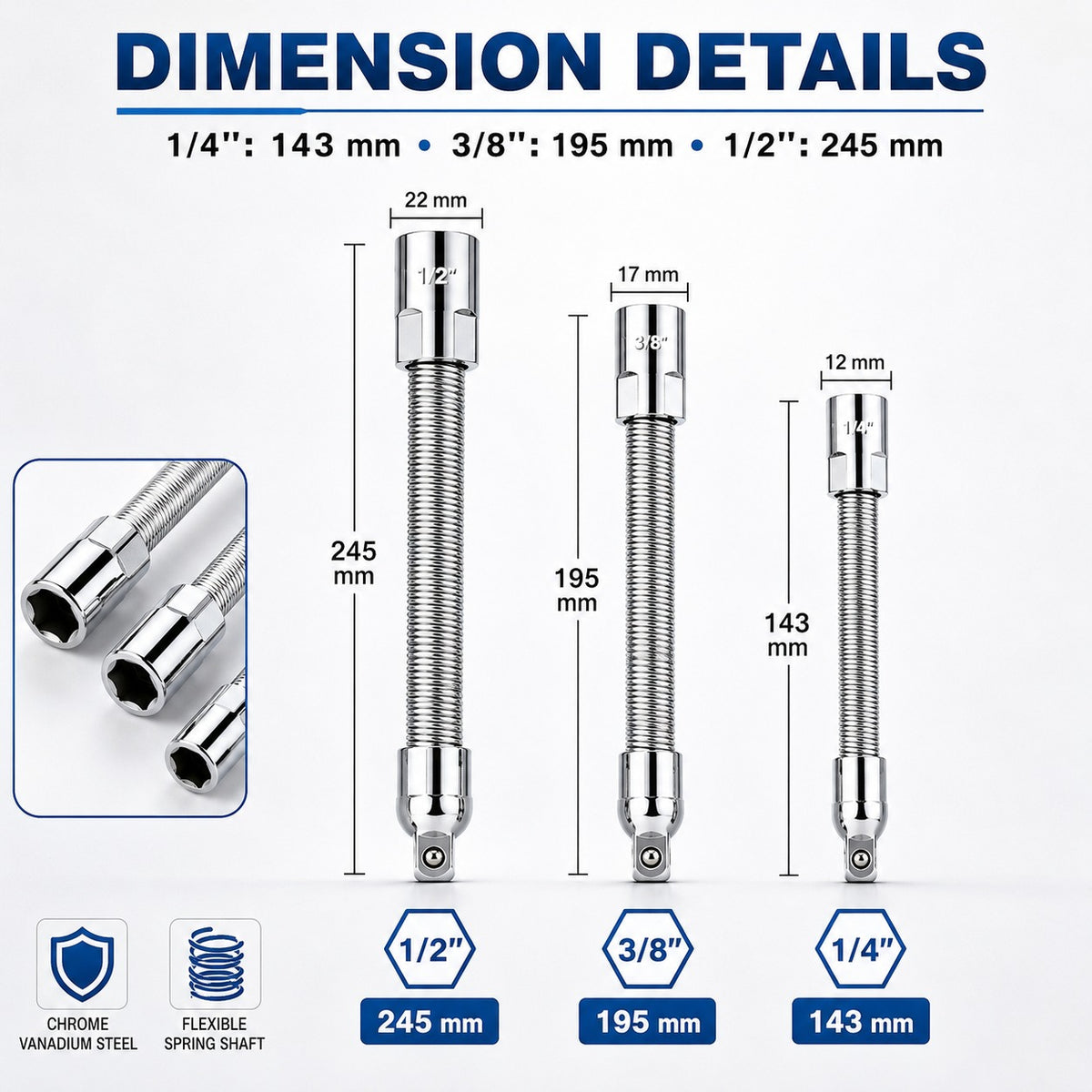 Flexible Spring Socket Extension Bar Set, 1/4" 3/8" 1/2" Drive, Bendable Extender for Ratchet, Drill & Auto Repair