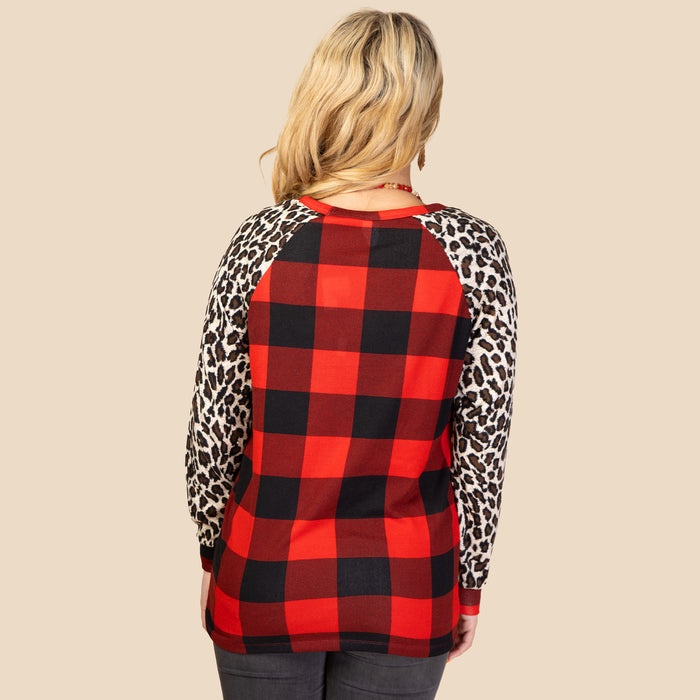 10369 - Buffalo Plaid Top with Leopard Sleeves