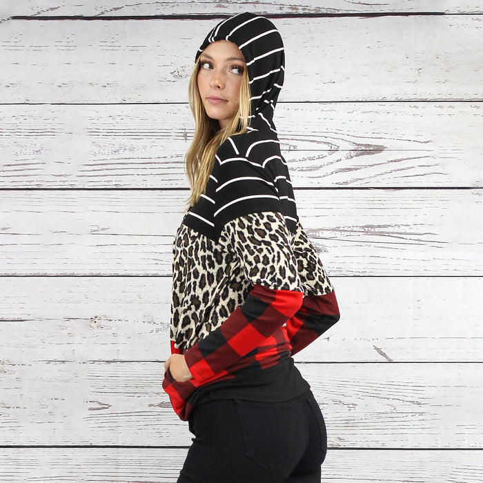 10442 - Buffalo Plaid and Stripes Hoodie with Pockets - Black