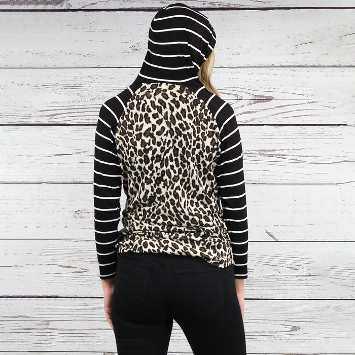 10481 - Striped Hoodie with Buffalo Plaid Print Top - Leopard