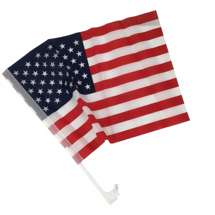 American flag with a white plastic holder on a white background