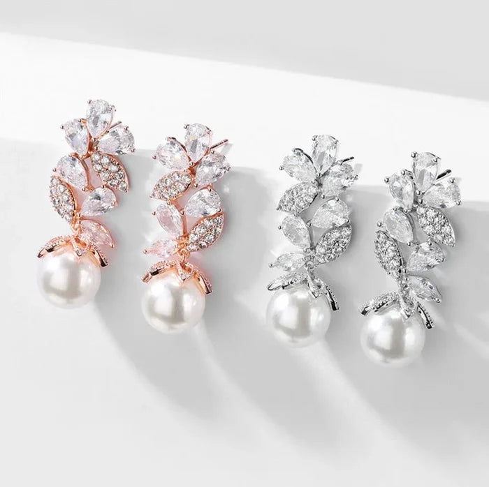 Wedding Jewelry - Pearl and Cubic Zirconia Bridal Earrings