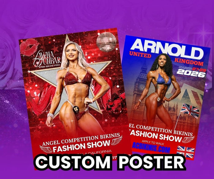 Angel Competition Fashion Show - Deposit featuring red and blue competition bikinis for NPC bikini competition suit and figure competition suits