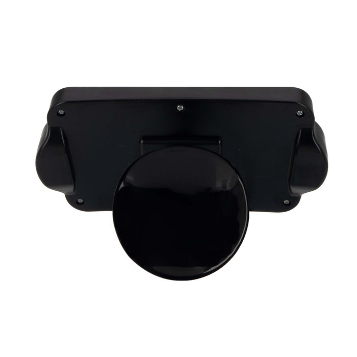 The Baby View Mirror is a black rectangular baby car mirror with a large central circular section, shown from the back against a white background, and features a visor clip for easy installation.
