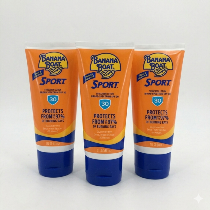 Three tubes of Banana Boat Sport sunscreen lotion on a white background