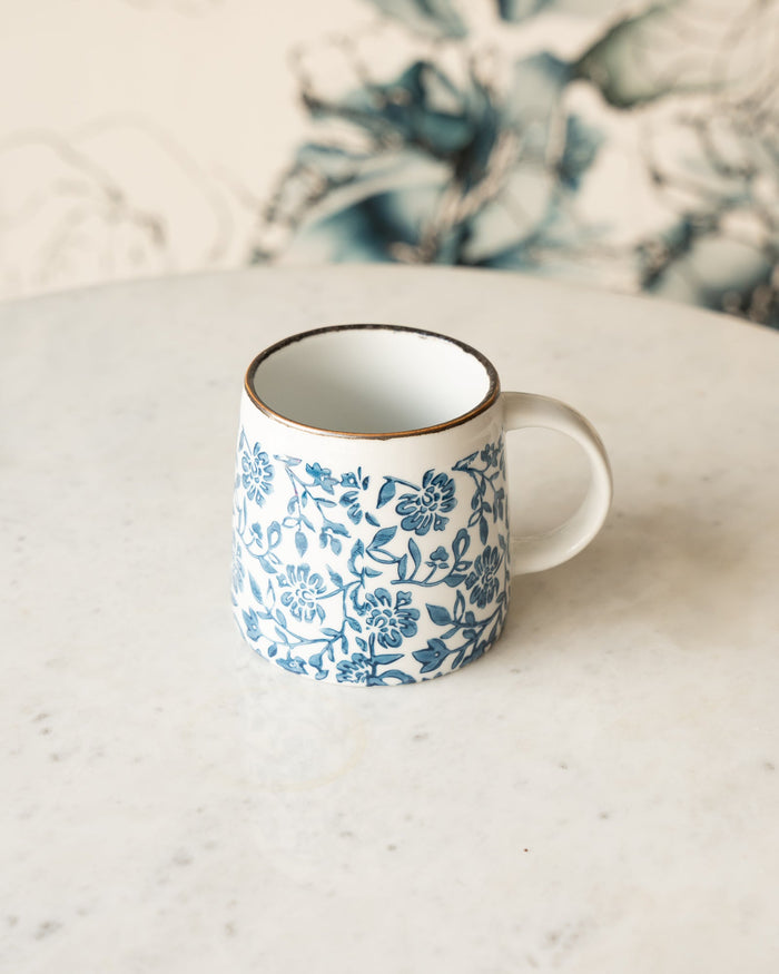 maman x Creative Co-Op blue and white floral ceramic mug — classic pattern