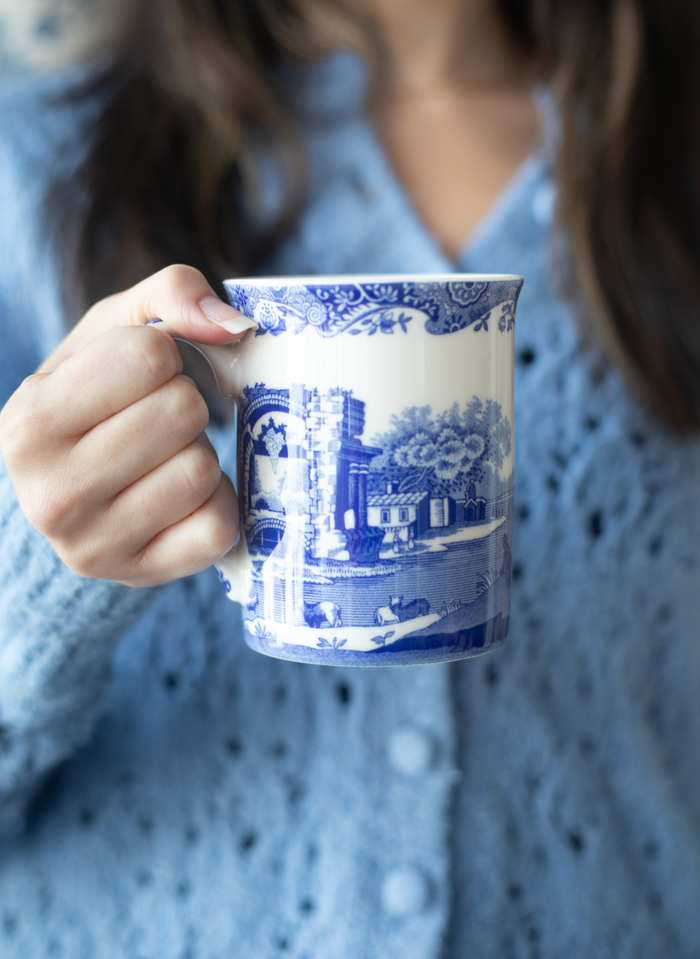 Person holding a blue and white scene patterned mug.