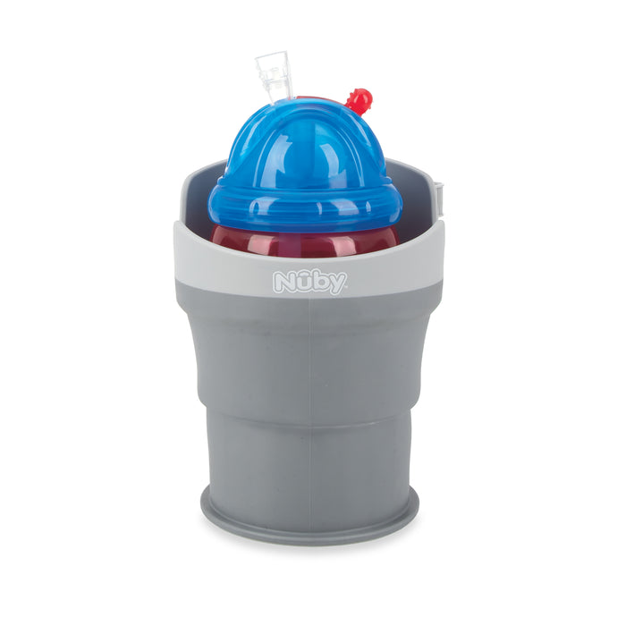 The Collapsible Stroller Cup Holder in gray holds a red sippy cup with a blue dome lid and clear straw, making it ideal for convenient use on strollers.