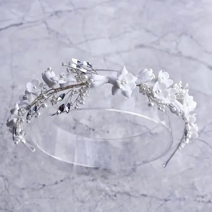 Wedding Hair Accessories - Ceramic Flowers and Pearls Bridal Headband - available in Silver and Gold