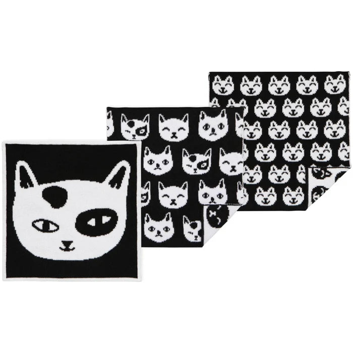 Set of black and white cat-themed dishcloths