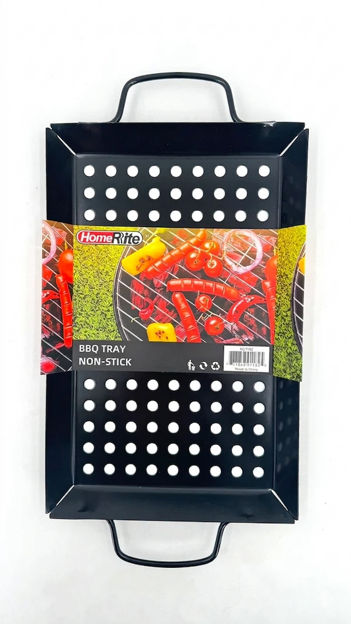 Non-stick BBQ tray with perforations on a white background
