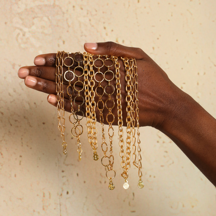 Link Chain Necklace displayed elegantly on a hand, showcasing its polished gold finish and sophisticated design.