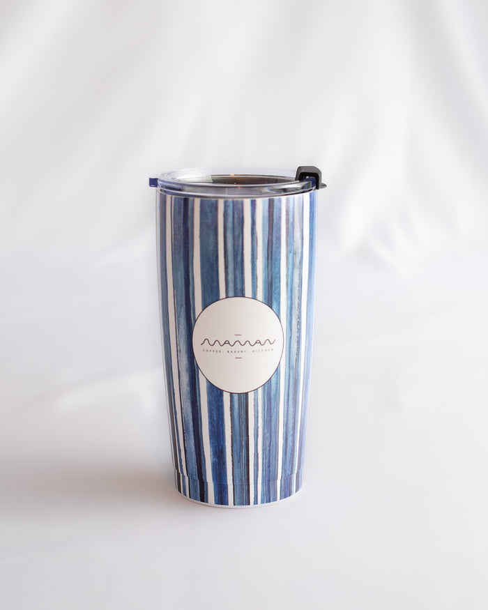 Stainless steel tumblers with a blue-and-white stripes pattern, featuring the round “Maman” logo.