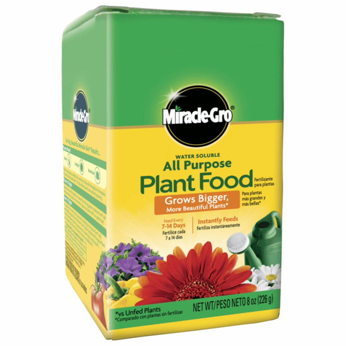 Box of Miracle-Gro all-purpose plant food with colorful flowers on a white background