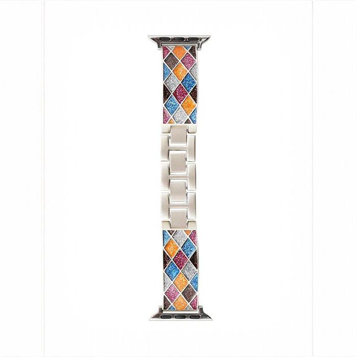 Mosaic Glow stainless steel Apple Watch band with multicolor glitter mosaic inlay in blue, pink, orange, and gold