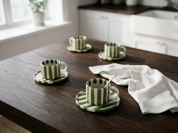 Olsson & Jensen Monica Cup & Saucer Set – Green – 4 Cups & 4 Saucers – Hand-Painted Stoneware