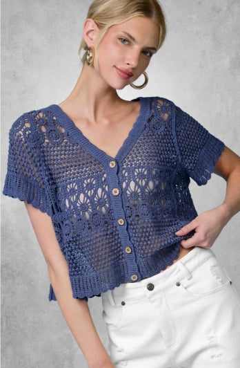 Open Knit Scallop Edge Button Down Cardigan