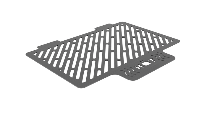 Rectangular black silicone heat-resistant mat with slotted design and HOT label.