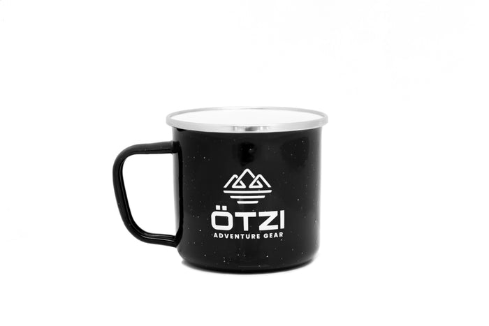 Black metal camping mug with white Ötzi Adventure Gear logo on side