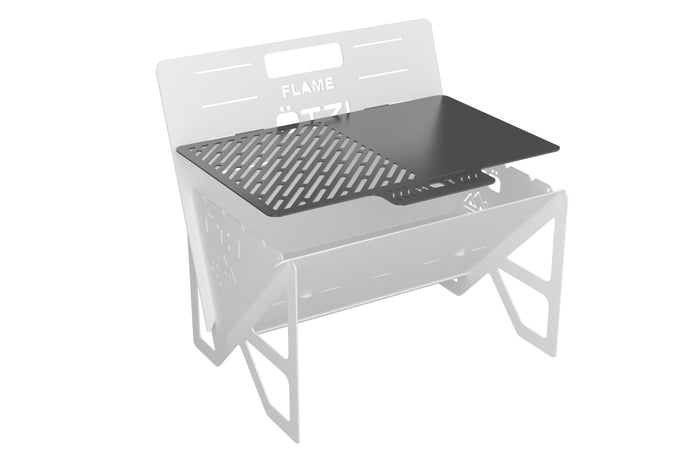 Portable grill with half griddle and half grill plate shown attached to frame.