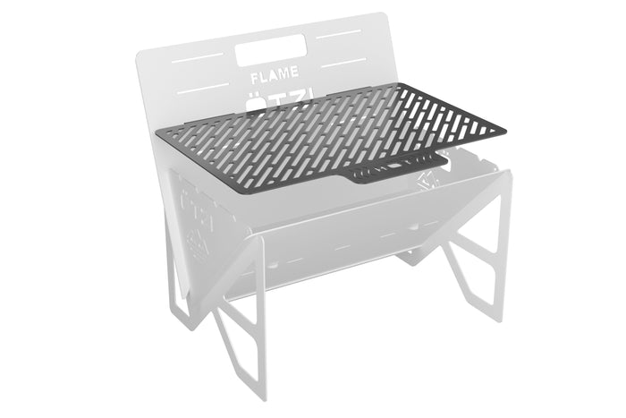 Black metal grill grate attached to a foldable portable fire pit frame.