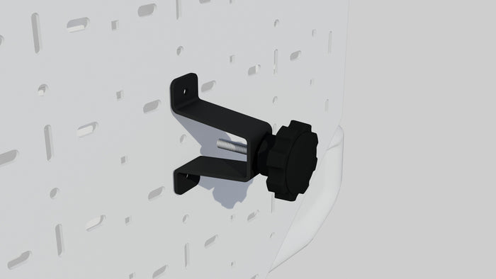 Black metal bracket with tension knob mounted on a perforated panel