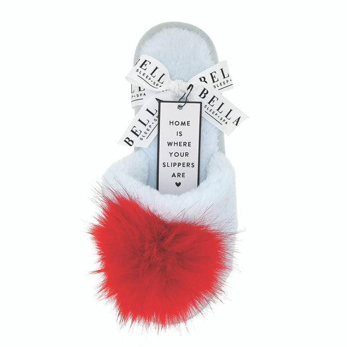 Plush Slippers - Light Blue + Red Pom Pom