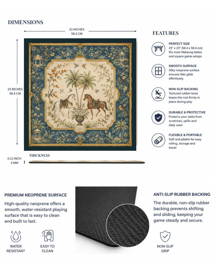 Square mahjong table mat with ornate blue border and garden animal scene; anti-slip backing