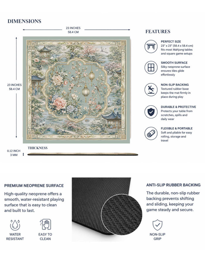 Square neoprene mahjong table mat with ornate blue floral scene and non-slip backing