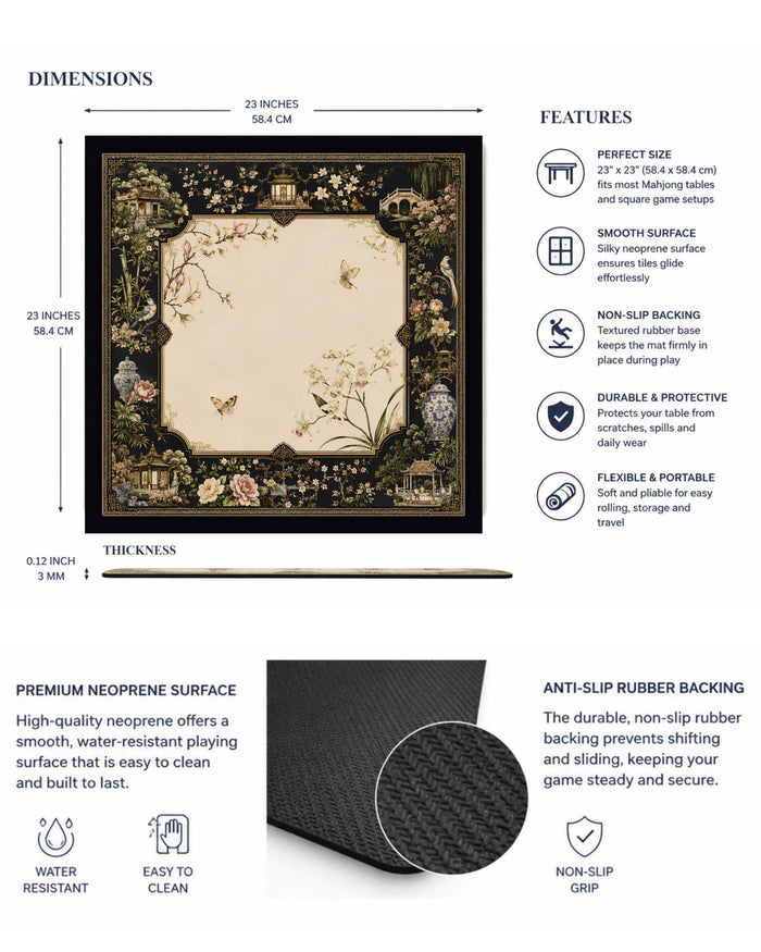 Square table mat with ornate floral garden artwork and dark non-slip rubber backing
