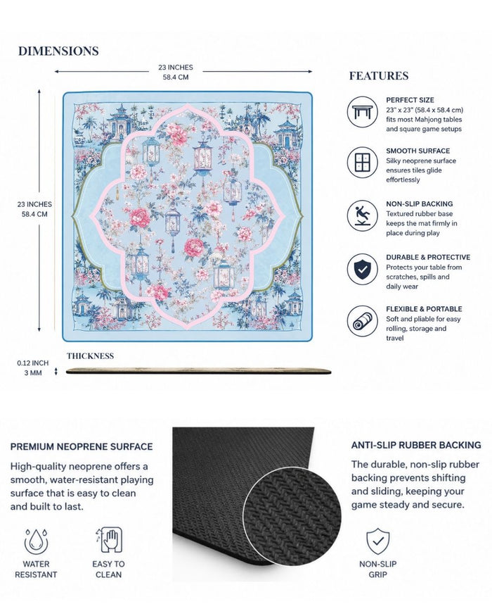 Square gaming table mat with textured anti-slip rubber backing and blue/pink lantern design