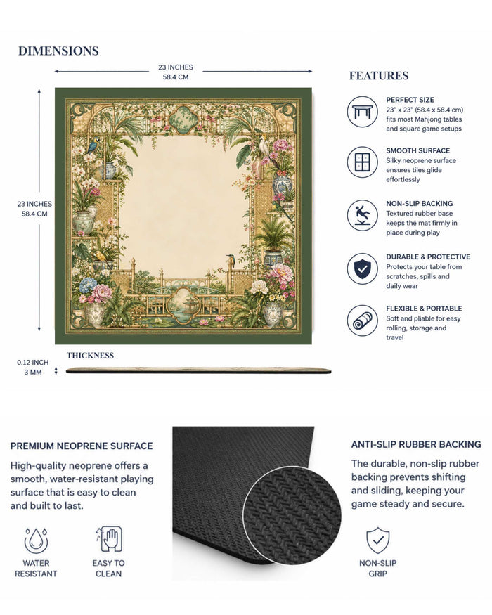 Square mahjong table mat with ornate garden trellis border and dark green edge.