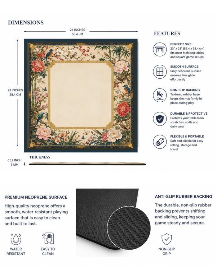 Floral peony mahjong table mat with square center cutout and non-slip rubber backing