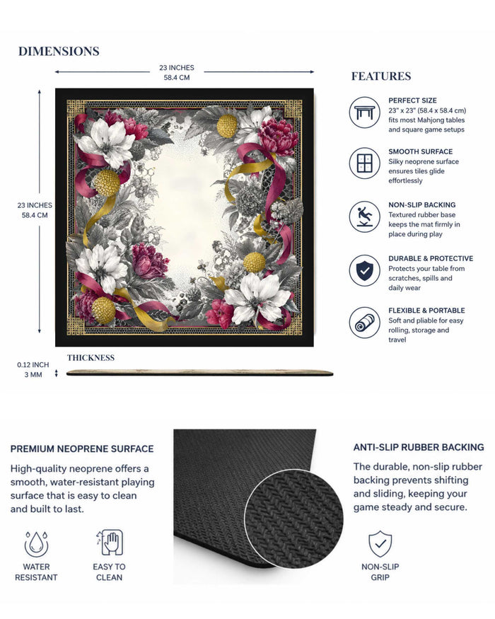 Square mahjong table mat with floral pattern, dark anti-slip rubber backing detail
