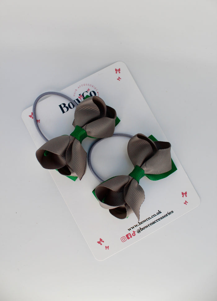 School Bows Forest Green and Grey - Pleated Bow - Elastic