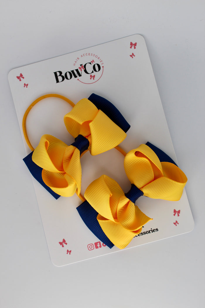 School Bows Navy and Yellow Gold - Pleated Bow Set - Elastic