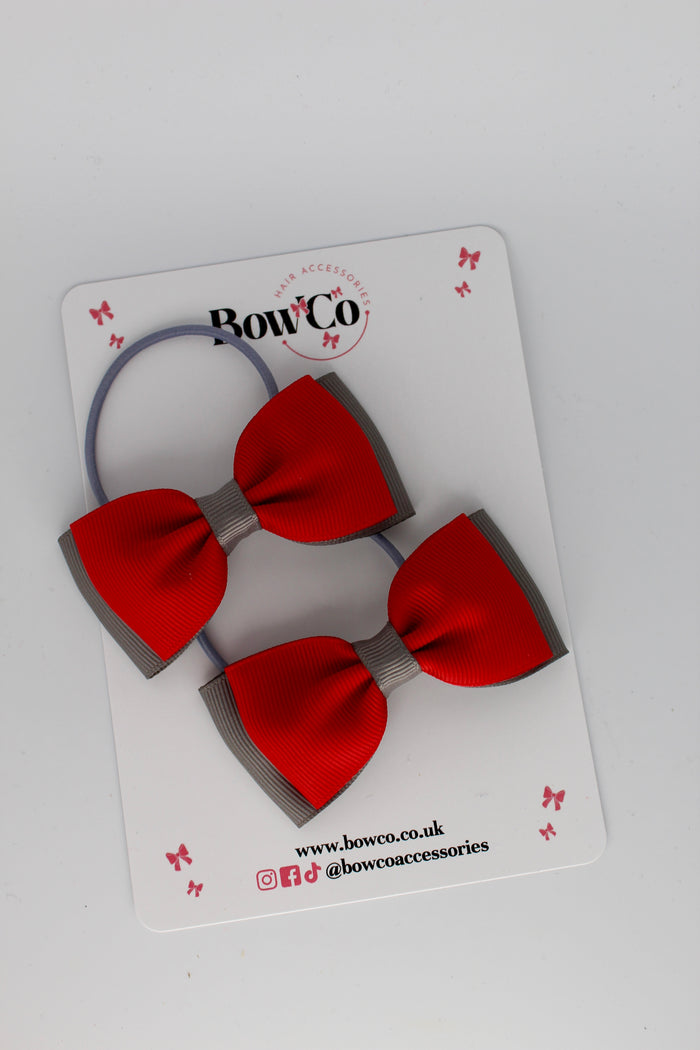 School Bows Red and Metal Grey - Double Lapel Bow Set - Elastic