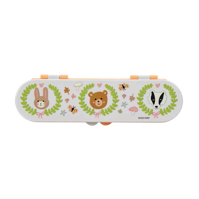 The Nuby Stainless Steel Toddler Utensil Set | Forest Animals comes in a white rectangular travel case with orange clasps, featuring bunny, bear, and badger designs among leafy wreaths—perfect for storing utensils and self-feeding essentials.