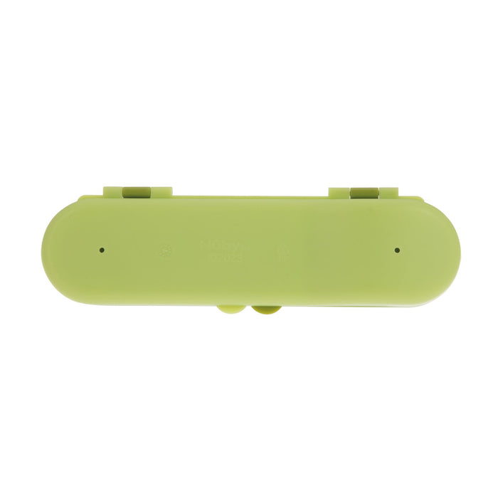 A green, oval-shaped plastic travel case from Nuby, designed to hold the Toddler Utensil Set | Dino, features two small top-edge hinges and is shown from above on a white background.