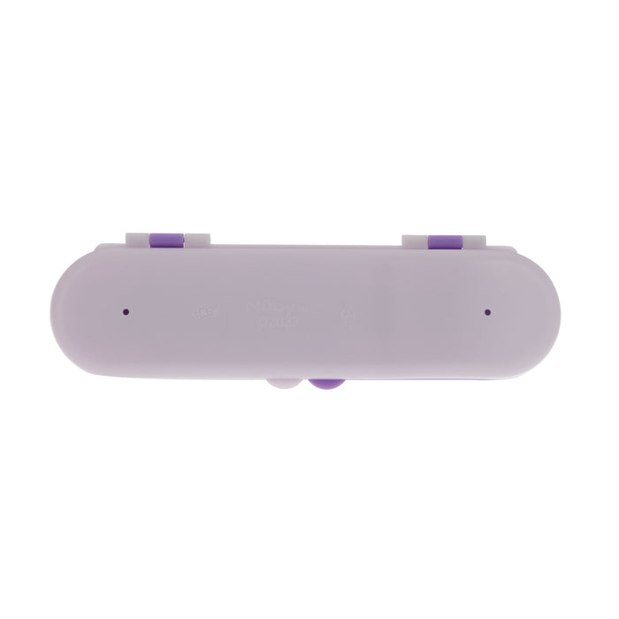 The Nuby Toddler Utensil Set | Flowers comes in a light purple, oval travel case with two small purple clips on top, ideal for storing utensils. Shown against a white background.