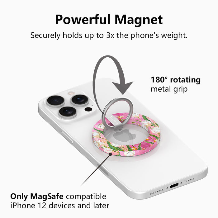 Tulip Whisper textured oil painting style MagSafe phone grip ring with white tulips on a pink background compatible with iPhone and Samsung