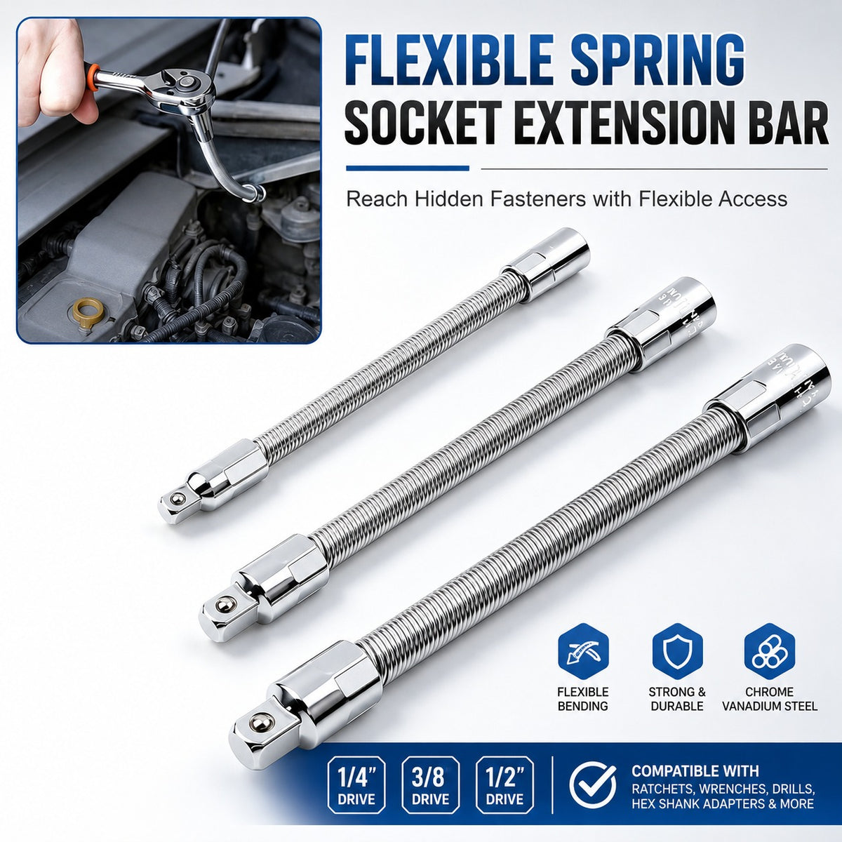 Flexible Spring Socket Extension Bar Set, 1/4" 3/8" 1/2" Drive, Bendable Extender for Ratchet, Drill & Auto Repair