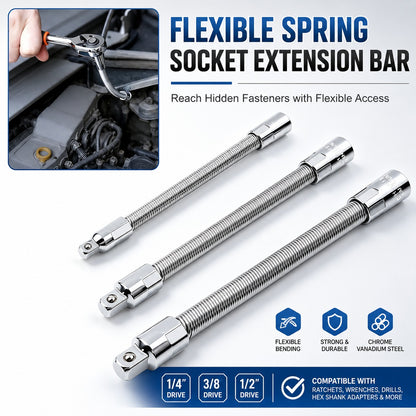 Flexible Spring Socket Extension Bar Set, 1/4" 3/8" 1/2" Drive, Bendable Extender for Ratchet, Drill & Auto Repair