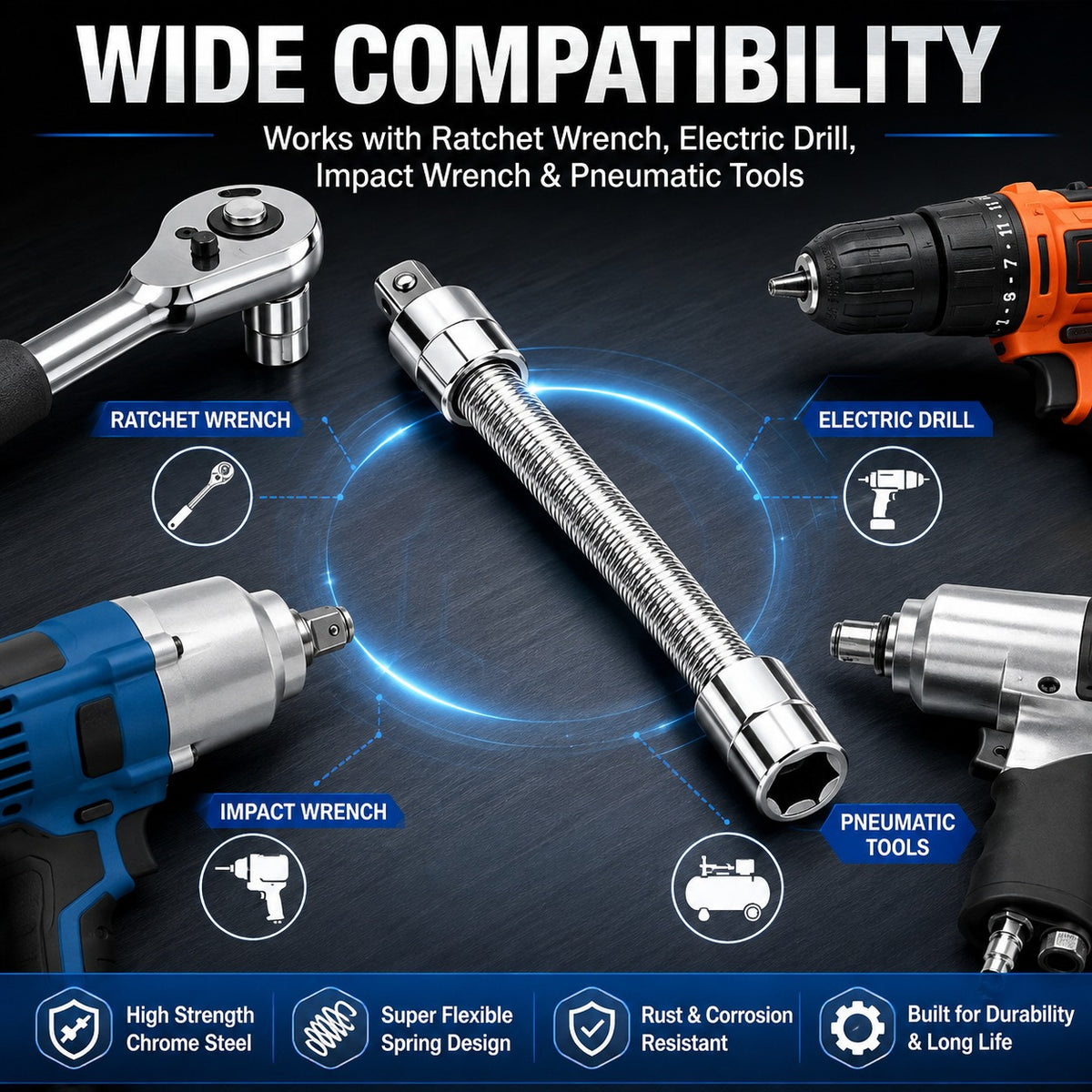 Flexible Spring Socket Extension Bar Set, 1/4" 3/8" 1/2" Drive, Bendable Extender for Ratchet, Drill & Auto Repair