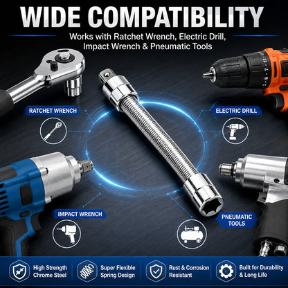 Flexible Spring Socket Extension Bar Set, 1/4" 3/8" 1/2" Drive, Bendable Extender for Ratchet, Drill & Auto Repair