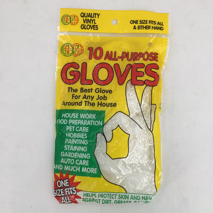 Package of 10 all-purpose gloves with yellow and red text on a white background