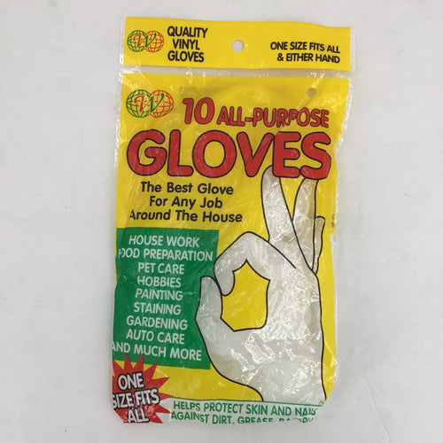 Package of 10 all-purpose gloves with yellow and red text on a white background