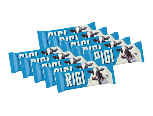10 x RIGI Mjölkchoklad 20g – ten light blue individually wrapped Swedish milk chocolate bars arranged in a fan pattern, showing RIGI logo and black-and-white cow illustration, Candy People, 200g total