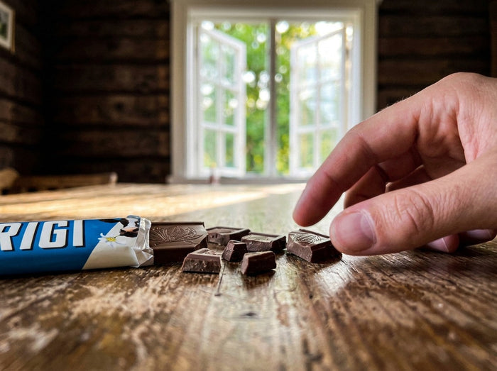 RIGI Mjölkchoklad 20g open blue wrapper beside broken milk chocolate squares on a rustic wooden table, hand reaching for a piece, summer window in background