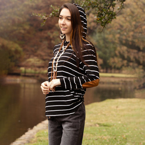 10245 - Striped Hoodie with Elbow Patches and Pockets - Black